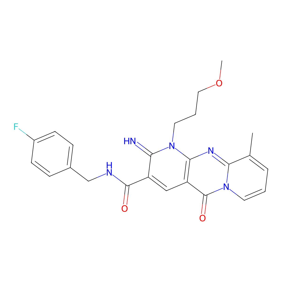 N-[(4-Fluorophenyl)methyl]-6-imino-7-(3-methoxypropyl)-11-methyl-2-oxo-1,7,9-triazatricyclo[8.4.0.03,8]tetradeca-3(8),4,9,11,13-pentaene-5-carboxamide molecular structure, CAS 848211-80-3