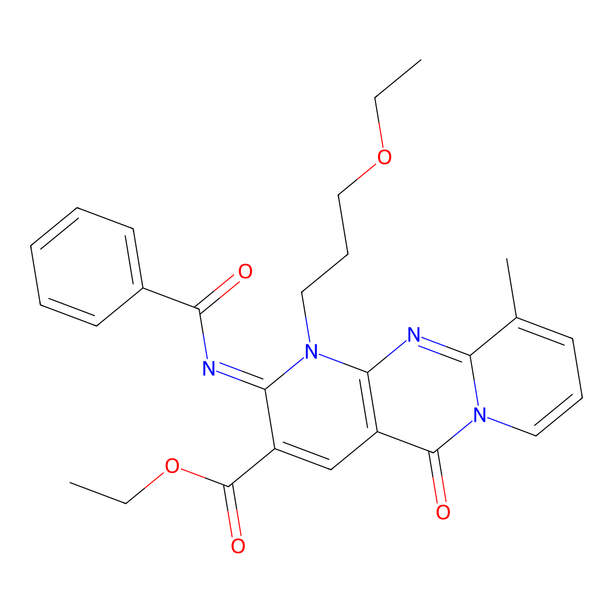 ethyl 2-(benzoylimino)-1-(3-ethoxypropyl)-10-methyl-5-oxo-1,5-dihydro-2H-dipyrido[1,2-a:2,3-d]pyrimidine-3-carboxylate molecular structure, CAS 848212-15-7