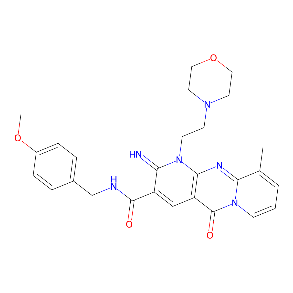 2-imino-N-(4-methoxybenzyl)-10-methyl-1-[2-(morpholin-4-yl)ethyl]-5-oxo-1,5-dihydro-2H-dipyrido[1,2-a:2',3'-d]pyrimidine-3-carboxamide molecular structure, CAS 848212-25-9