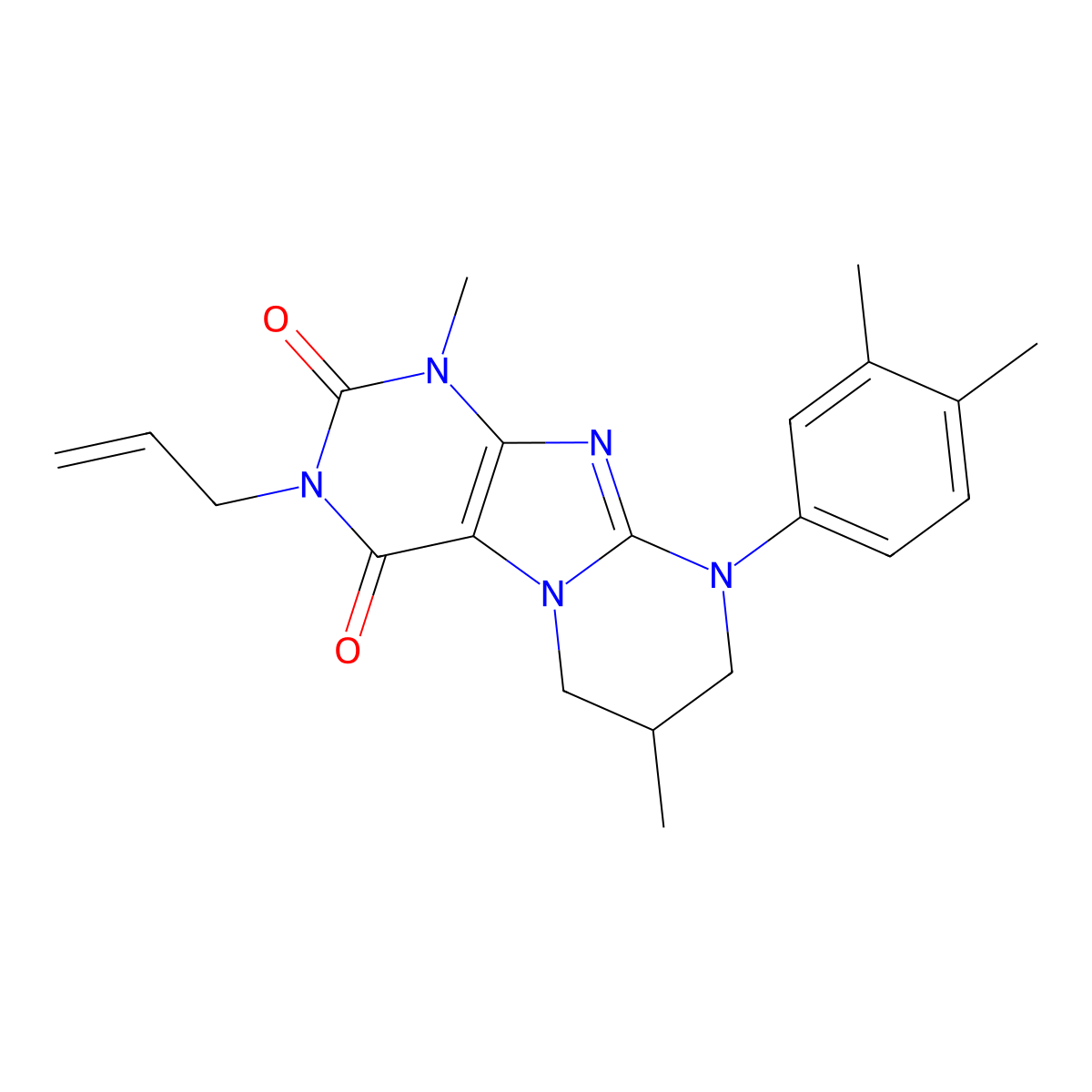 3-allyl-9-(3,4-dimethylphenyl)-1,7-dimethyl-6,7,8,9-tetrahydropyrimido[2,1-f]purine-2,4(1H,3H)-dione molecular structure, CAS 848213-07-0