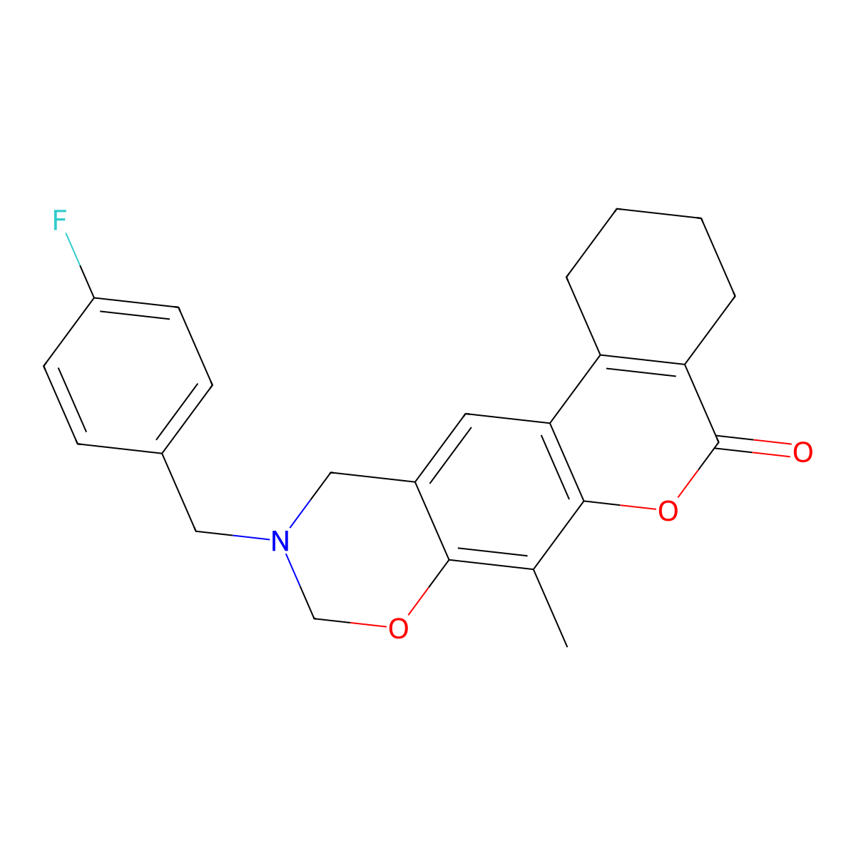 10-(4-fluorobenzyl)-7-methyl-1,2,3,4,10,11-hexahydro-5H,9H-benzo[3,4]chromeno[6,7-e][1,3]oxazin-5-one molecular structure, CAS 848213-63-8