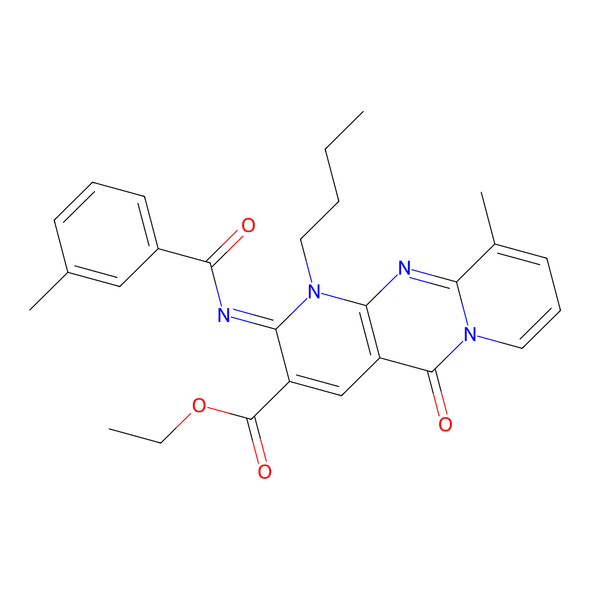 ethyl 1-butyl-10-methyl-2-[(3-methylbenzoyl)imino]-5-oxo-1,5-dihydro-2H-dipyrido[1,2-a:2,3-d]pyrimidine-3-carboxylate molecular structure, CAS 848213-67-2