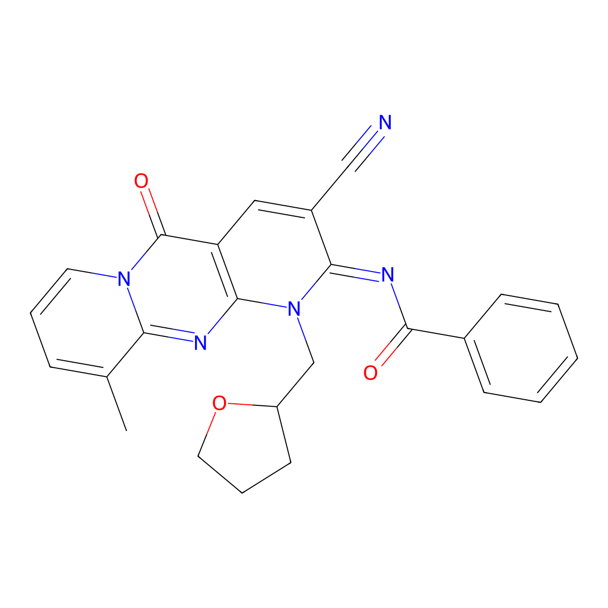 N-[3-cyano-10-methyl-5-oxo-1-(tetrahydro-2-furanylmethyl)-1,5-dihydro-2H-dipyrido[1,2-a:2,3-d]pyrimidin-2-ylidene]benzamide molecular structure, CAS 848213-69-4