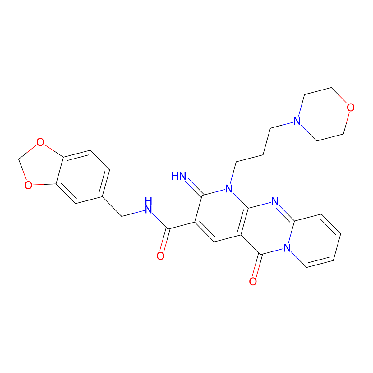 2-Imino-1-(3-morpholin-4-yl-propyl)-10-oxo-1,10-dihydro-2H-1,9,10a-triaza-anthracene-3-carboxylic acid (benzo[1,3]dioxol-5-ylmethyl)-amide molecular structure, CAS 848216-99-9