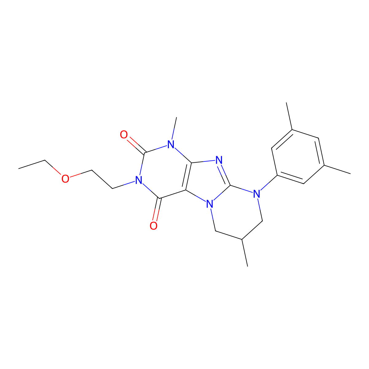 9-(3,5-dimethylphenyl)-3-(2-ethoxyethyl)-1,7-dimethyl-6,7,8,9-tetrahydropyrimido[2,1-f]purine-2,4(1H,3H)-dione molecular structure, CAS 848217-06-1