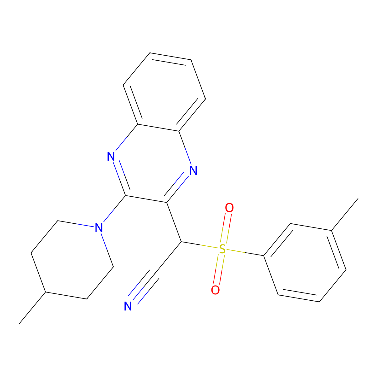 2-(3-(4-Methylpiperidin-1-yl)quinoxalin-2-yl)-2-(m-tolylsulfonyl)acetonitrile molecular structure, CAS 848217-11-8