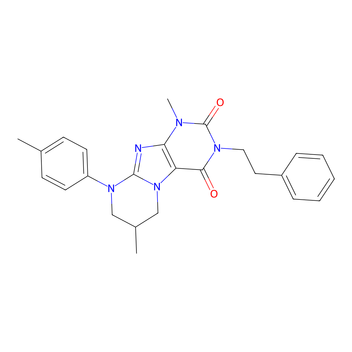 1,7-dimethyl-3-phenethyl-9-(p-tolyl)-6,7,8,9-tetrahydropyrimido[2,1-f]purine-2,4(1H,3H)-dione molecular structure, CAS 848221-04-5