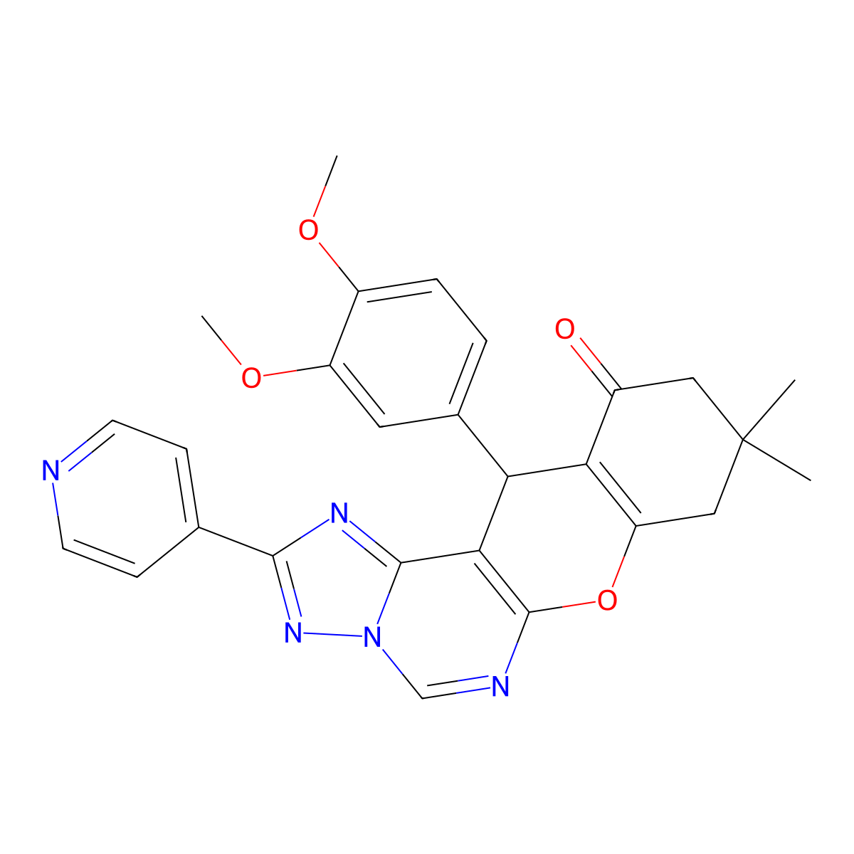 12-(3,4-dimethoxyphenyl)-9,9-dimethyl-2-(pyridin-4-yl)-9,10-dihydro-8H-chromeno[3,2-e][1,2,4]triazolo[1,5-c]pyrimidin-11(12H)-one molecular structure, CAS 848221-45-4