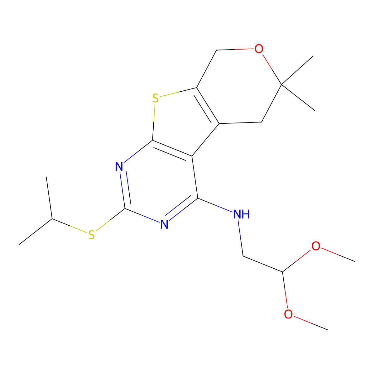 N-(2,2-dimethoxyethyl)-6,6-dimethyl-2-propan-2-ylsulfanyl-5,8-dihydropyrano[4,5]thieno[1,2-c]pyrimidin-4-amine molecular structure, CAS 848221-96-5