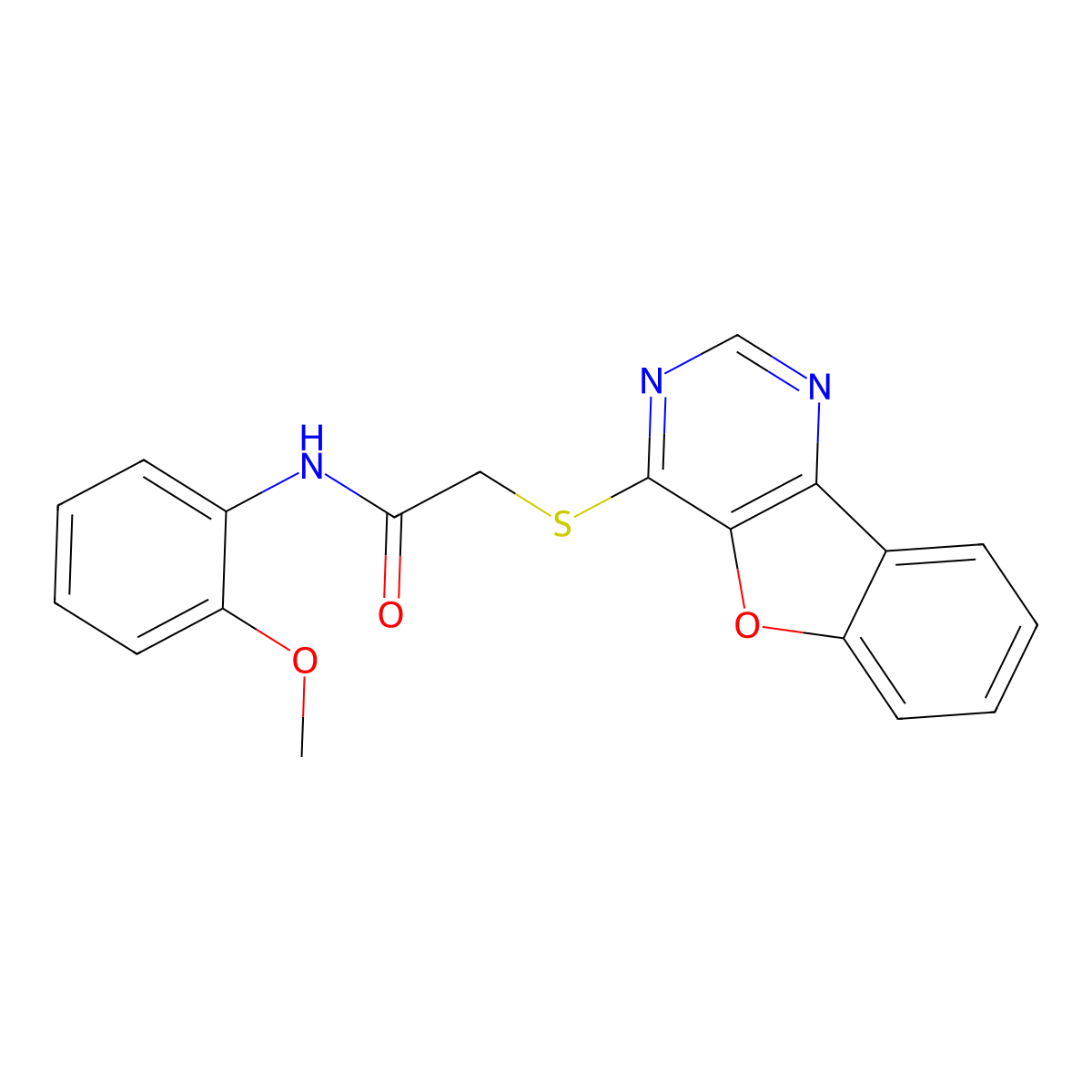2-([1]benzofuro[3,2-d]pyrimidin-4-ylsulfanyl)-N-(2-methoxyphenyl)acetamide molecular structure, CAS 848222-10-6