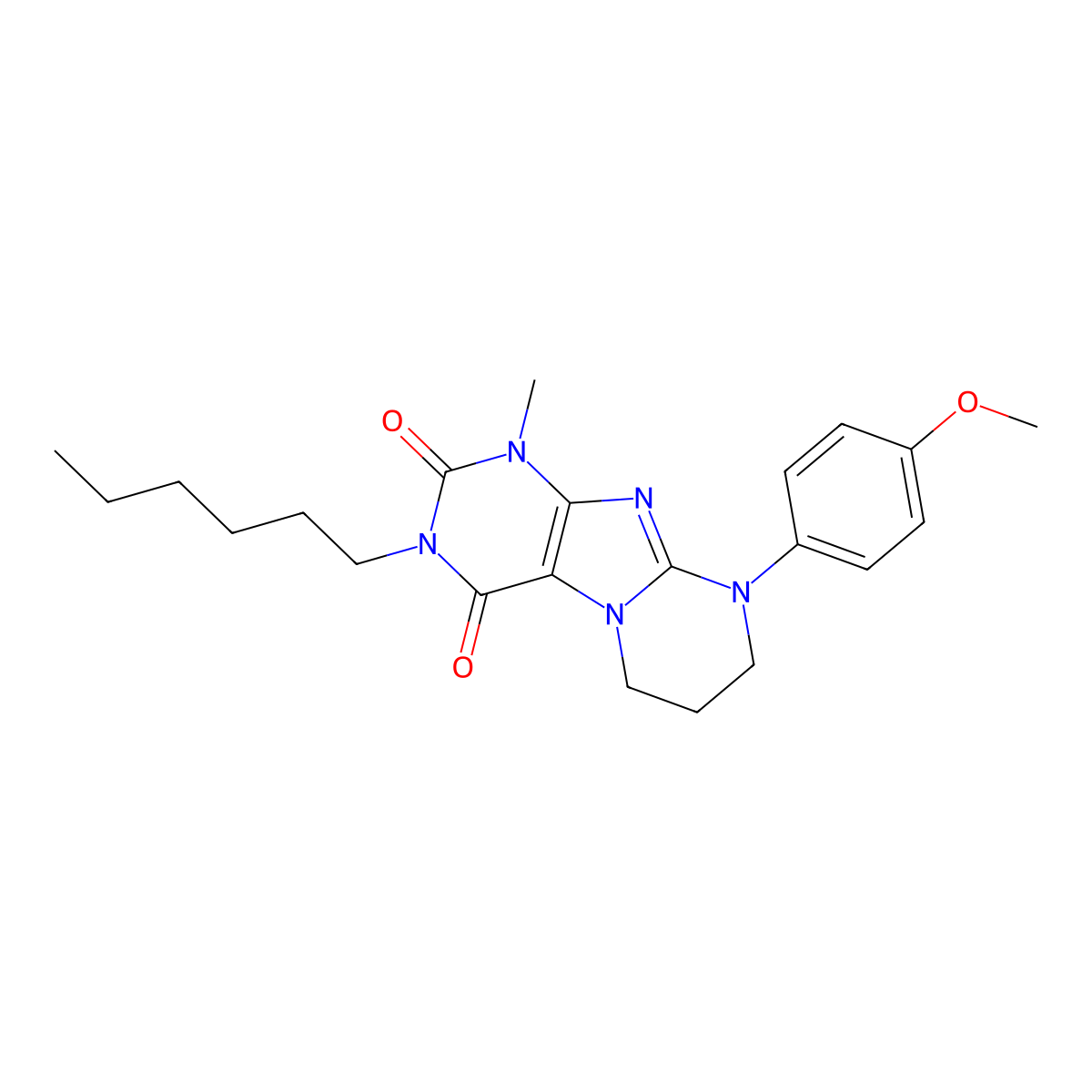 3-hexyl-9-(4-methoxyphenyl)-1-methyl-7,8-dihydro-6H-purino[7,8-a]pyrimidine-2,4-dione molecular structure, CAS 848222-22-0