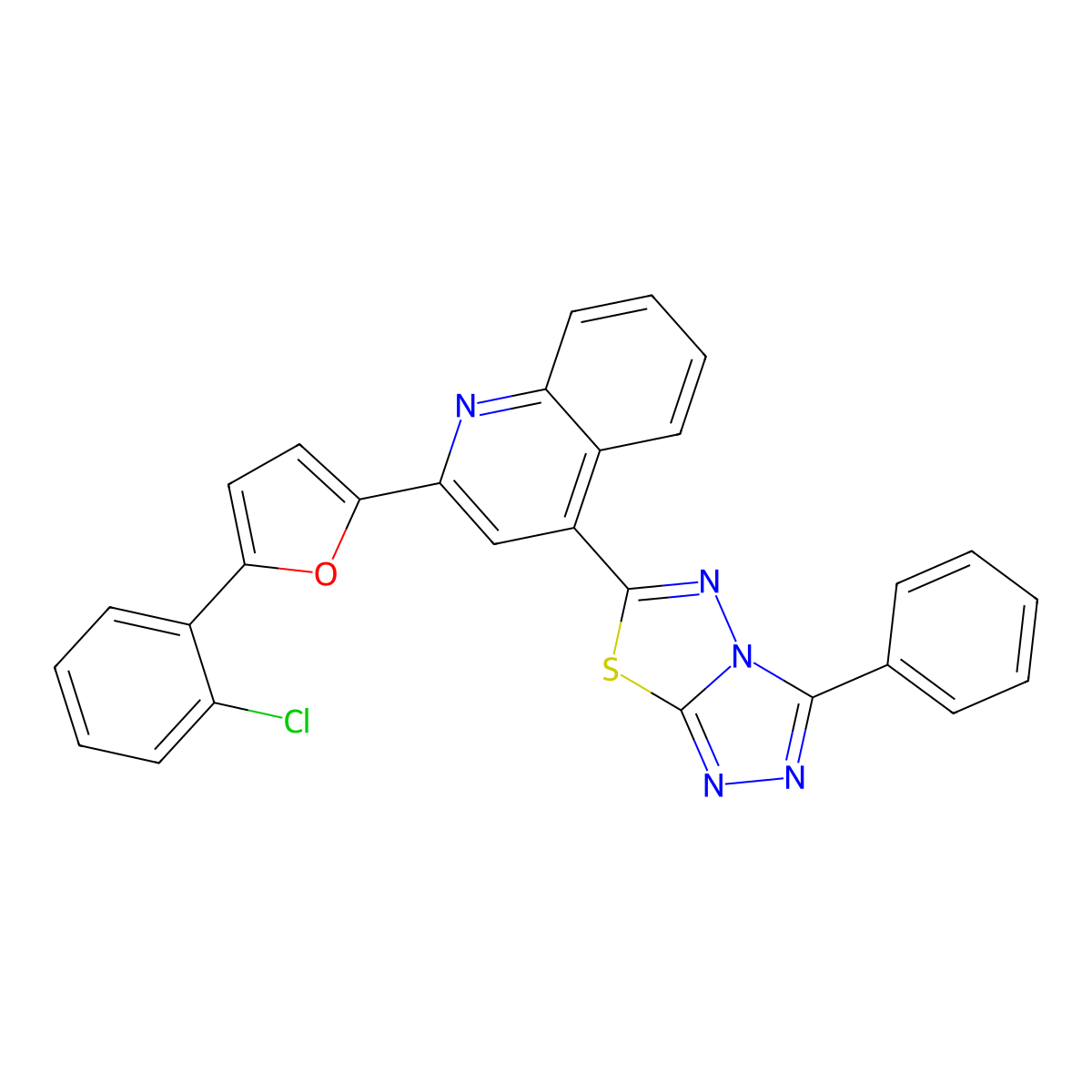 2-[5-(2-Chlorophenyl)-2-furyl]-4-(3-phenyl[1,2,4]triazolo[3,4-b][1,3,4]thiadiazol-6-yl)quinoline molecular structure, CAS 848278-75-1