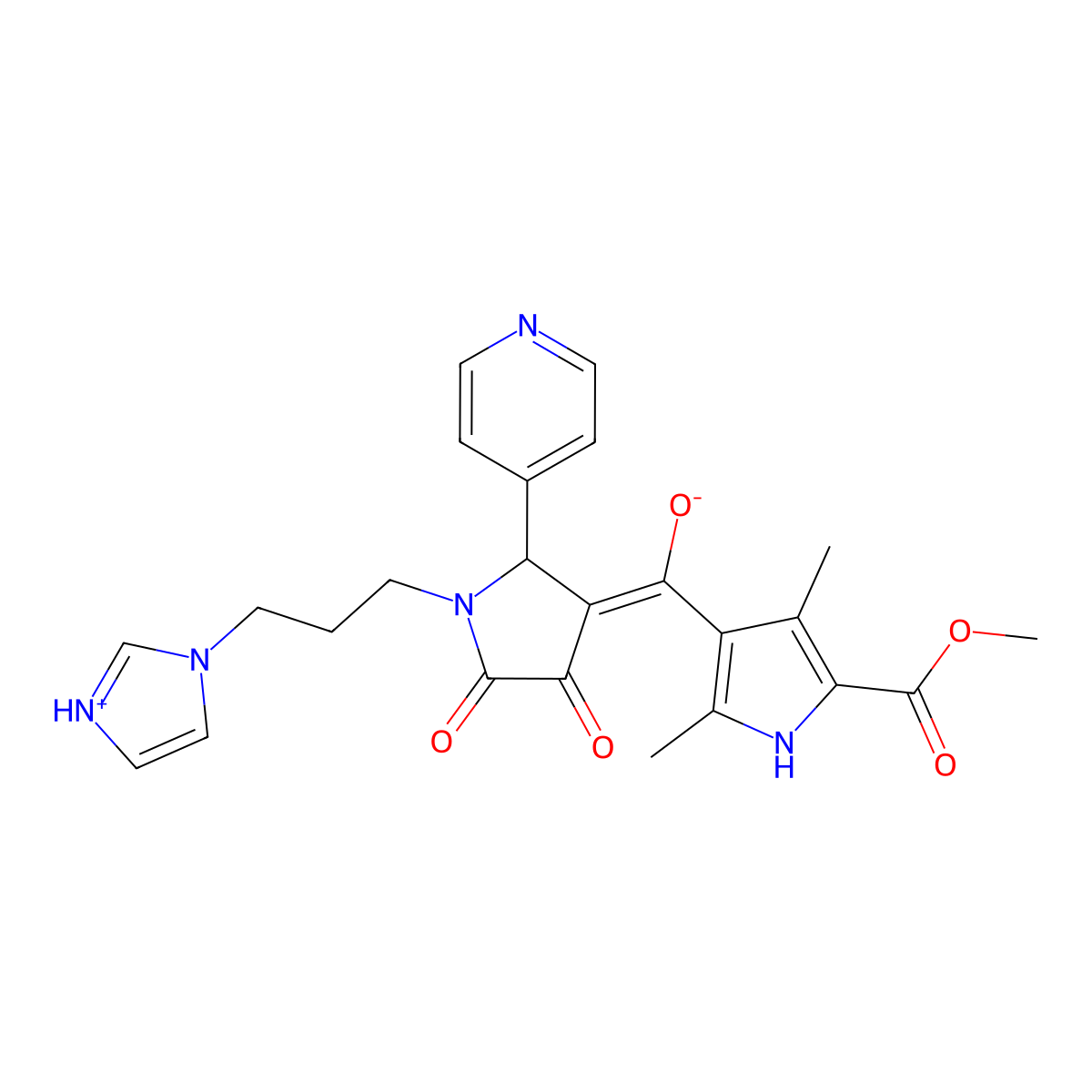 methyl 4-{4-hydroxy-1-[3-(1H-imidazol-1-yl)propyl]-5-oxo-2-(pyridin-4-yl)-2,5-dihydro-1H-pyrrole-3-carbonyl}-3,5-dimethyl-1H-pyrrole-2-carboxylate molecular structure, CAS 848279-36-7