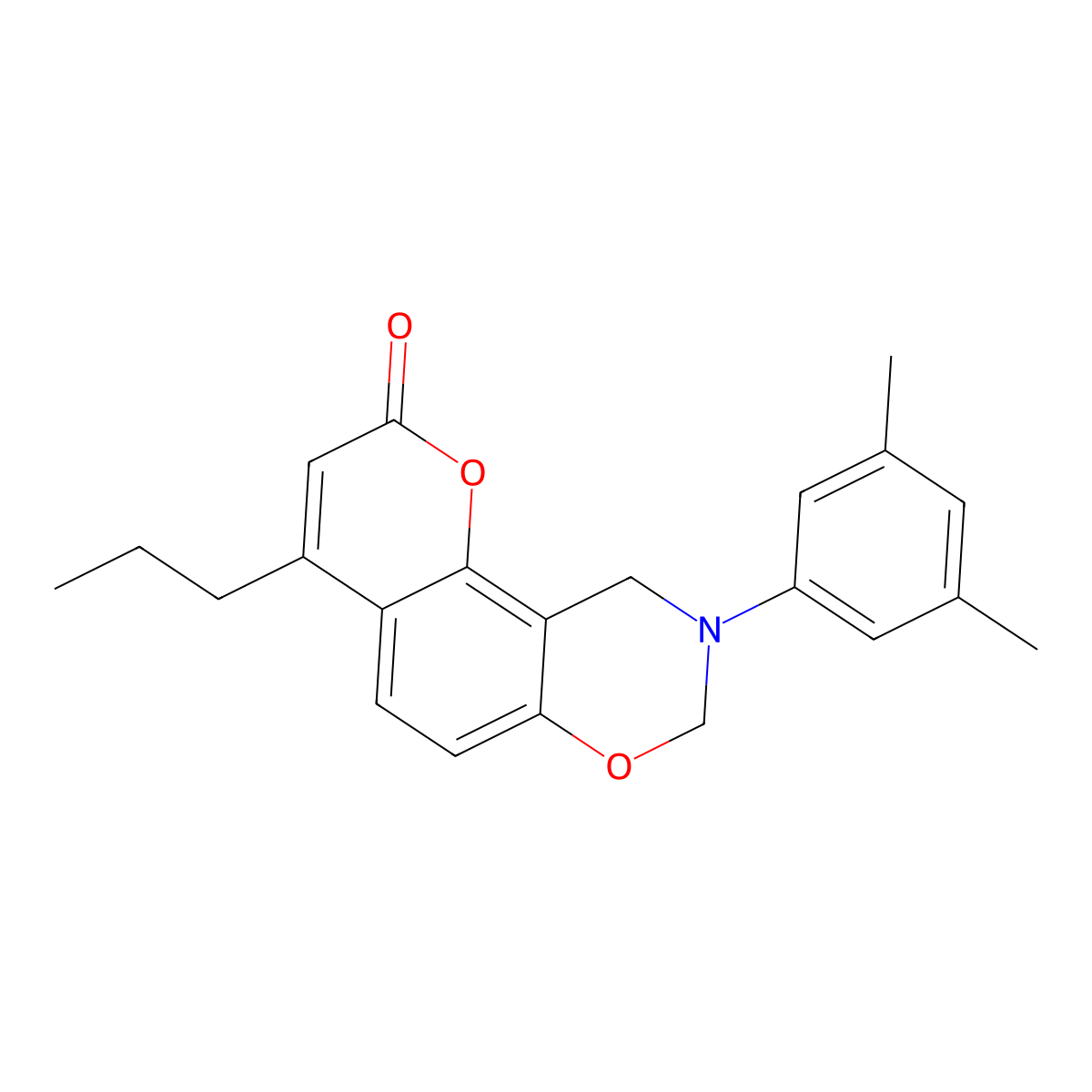 9-(3,5-dimethylphenyl)-4-propyl-9,10-dihydro-2H,8H-chromeno[8,7-e][1,3]oxazin-2-one molecular structure, CAS 848279-67-4