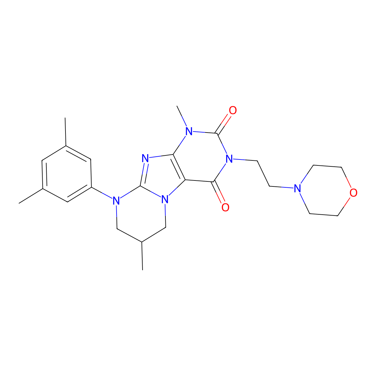 9-(3,5-dimethylphenyl)-1,7-dimethyl-3-(2-morpholinoethyl)-6,7,8,9-tetrahydropyrimido[2,1-f]purine-2,4(1H,3H)-dione molecular structure, CAS 848279-71-0