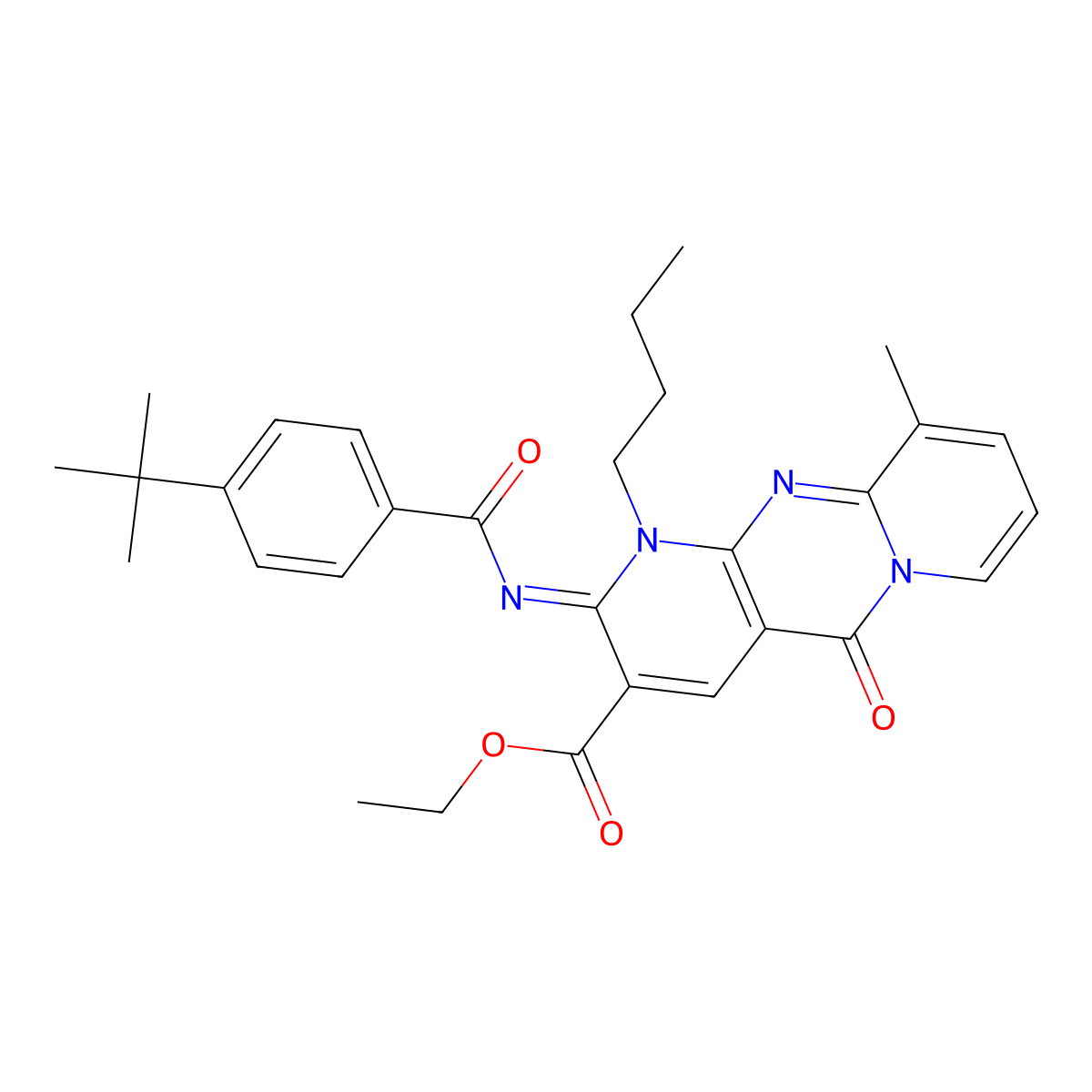 Ethyl 7-butyl-6-(4-tert-butylbenzoyl)imino-11-methyl-2-oxo-1,7,9-triazatricyclo[8.4.0.03,8]tetradeca-3(8),4,9,11,13-pentaene-5-carboxylate molecular structure, CAS 848280-00-2