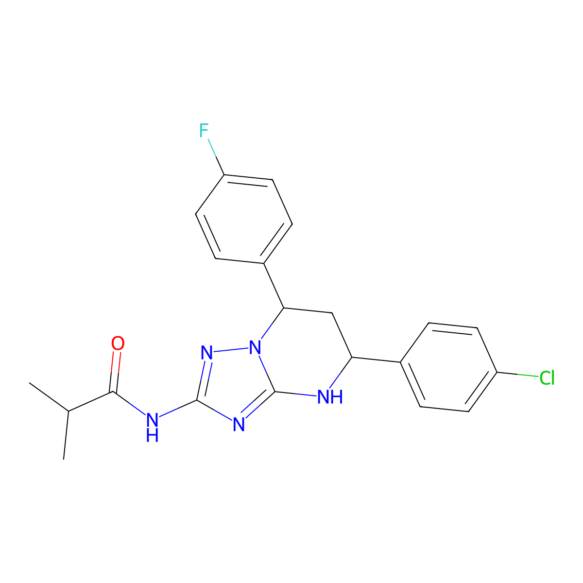 N-[5-(4-chlorophenyl)-7-(4-fluorophenyl)-1,5,6,7-tetrahydro-[1,2,4]triazolo[1,5-a]pyrimidin-2-yl]-2-methylpropanamide molecular structure, CAS 848280-03-5
