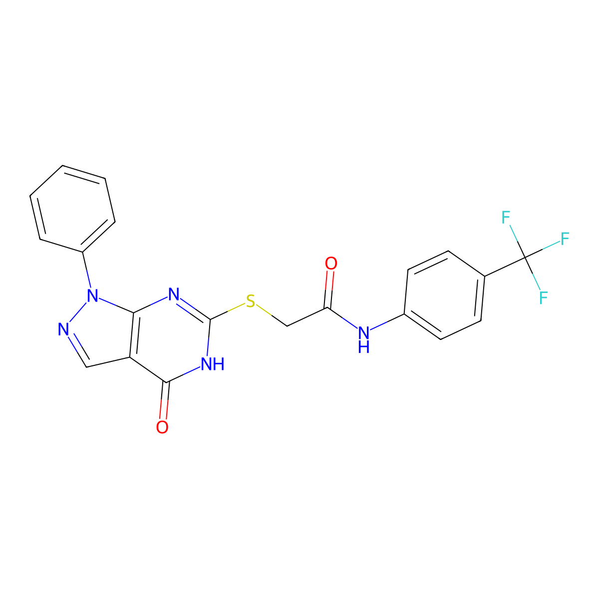 2-((4-oxo-1-phenyl-4,5-dihydro-1H-pyrazolo[3,4-d]pyrimidin-6-yl)thio)-N-(4-(trifluoromethyl)phenyl)acetamide molecular structure, CAS 848287-66-1