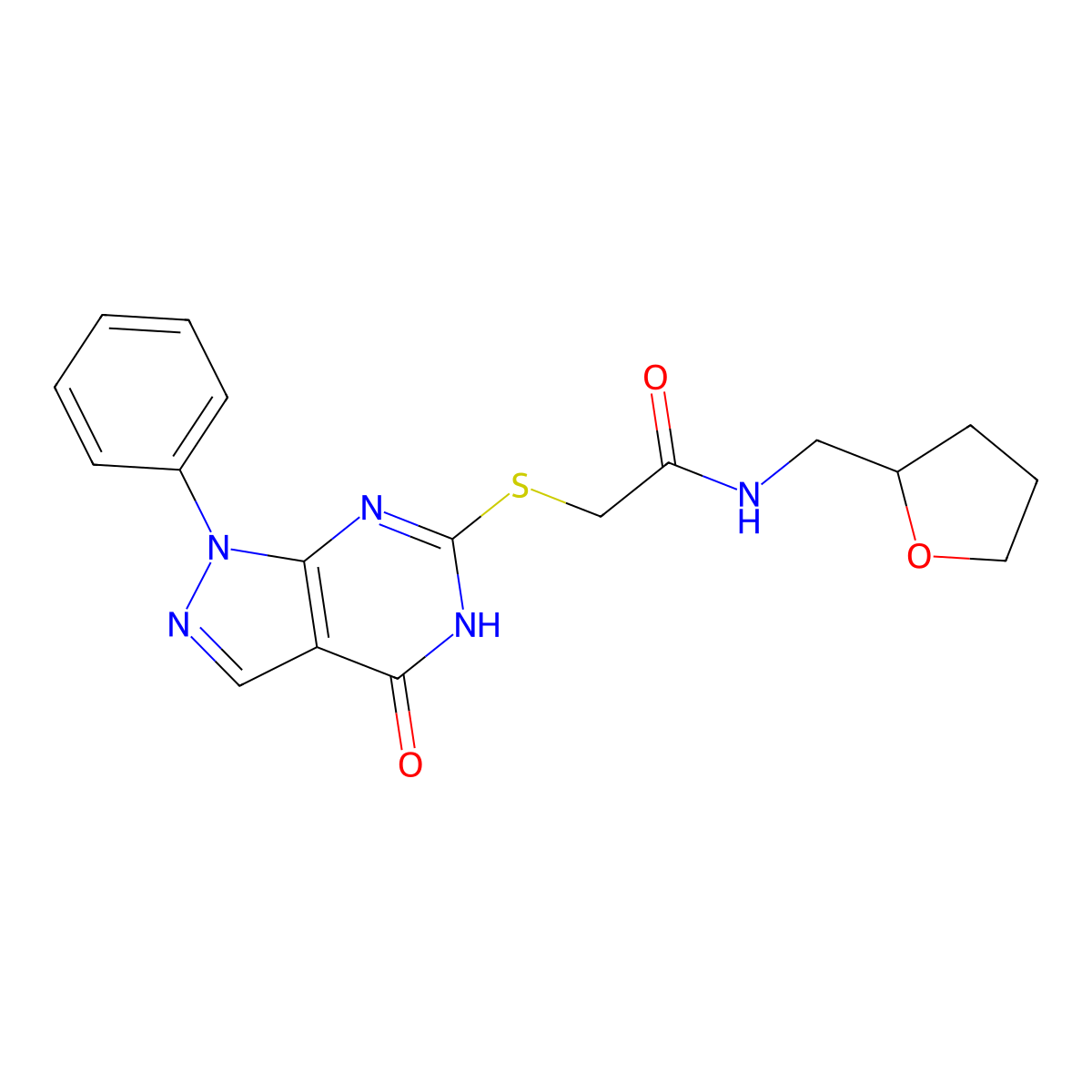 2-((4-oxo-1-phenyl-4,5-dihydro-1H-pyrazolo[3,4-d]pyrimidin-6-yl)thio)-N-((tetrahydrofuran-2-yl)methyl)acetamide molecular structure, CAS 848287-74-1
