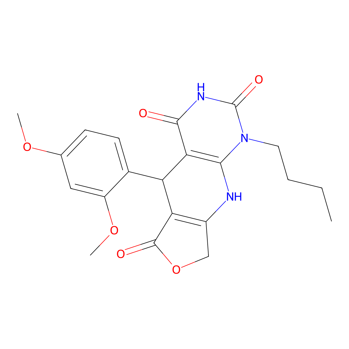13-Butyl-8-(2,4-dimethoxyphenyl)-5-oxa-2,11,13-triazatricyclo[7.4.0.0^{3,7}]trideca-1(9),3(7)-diene-6,10,12-trione molecular structure, CAS 848289-93-0