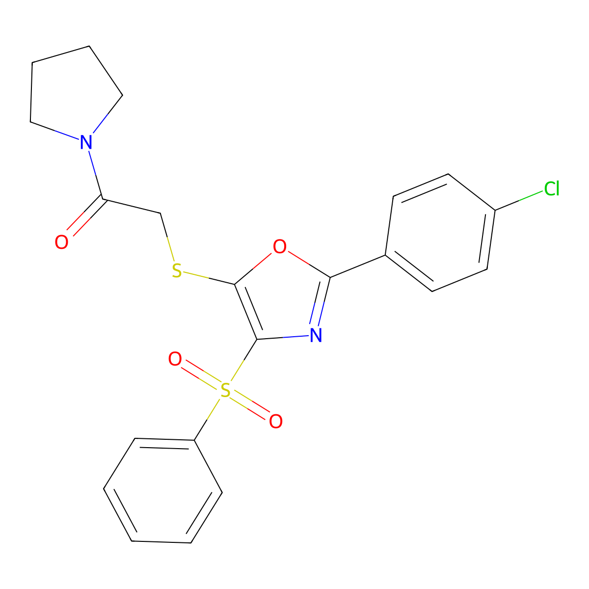 2-{[4-(Benzenesulfonyl)-2-(4-chlorophenyl)-1,3-oxazol-5-yl]sulfanyl}-1-(pyrrolidin-1-yl)ethan-1-one molecular structure, CAS 848290-01-7