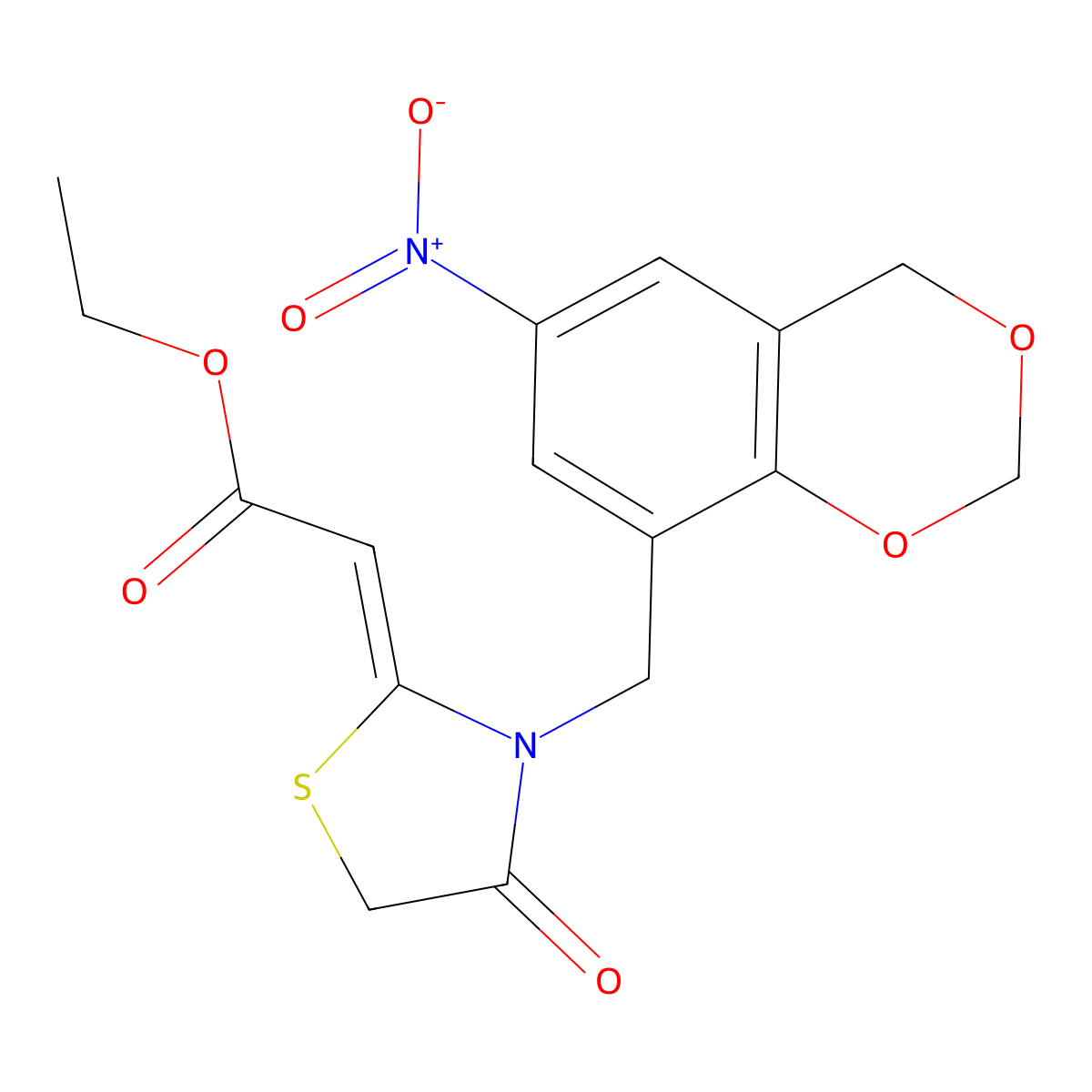 ethyl 2-[3-[(6-nitro-4H-1,3-benzodioxin-8-yl)methyl]-4-oxo-1,3-thiazolidin-2-ylidene]acetate molecular structure, CAS 848299-03-6