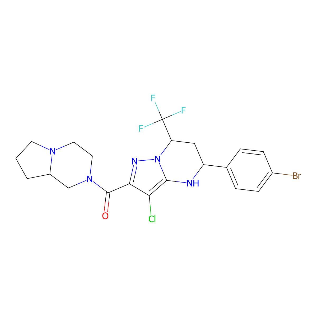 5-(4-bromophenyl)-3-chloro-2-(hexahydropyrrolo[1,2-a]pyrazin-2(1H)-ylcarbonyl)-7-(trifluoromethyl)-4,5,6,7-tetrahydropyrazolo[1,5-a]pyrimidine molecular structure, CAS 848429-23-2