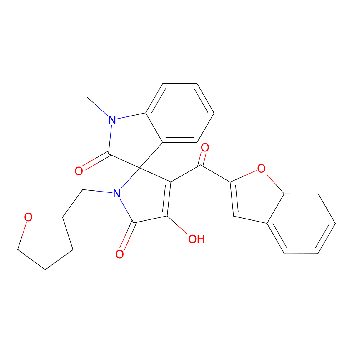 3'-(1-benzofuran-2-ylcarbonyl)-4'-hydroxy-1-methyl-1'-(tetrahydrofuran-2-ylmethyl)spiro[indole-3,2'-pyrrole]-2,5'(1H,1'H)-dione molecular structure, CAS 848671-56-7