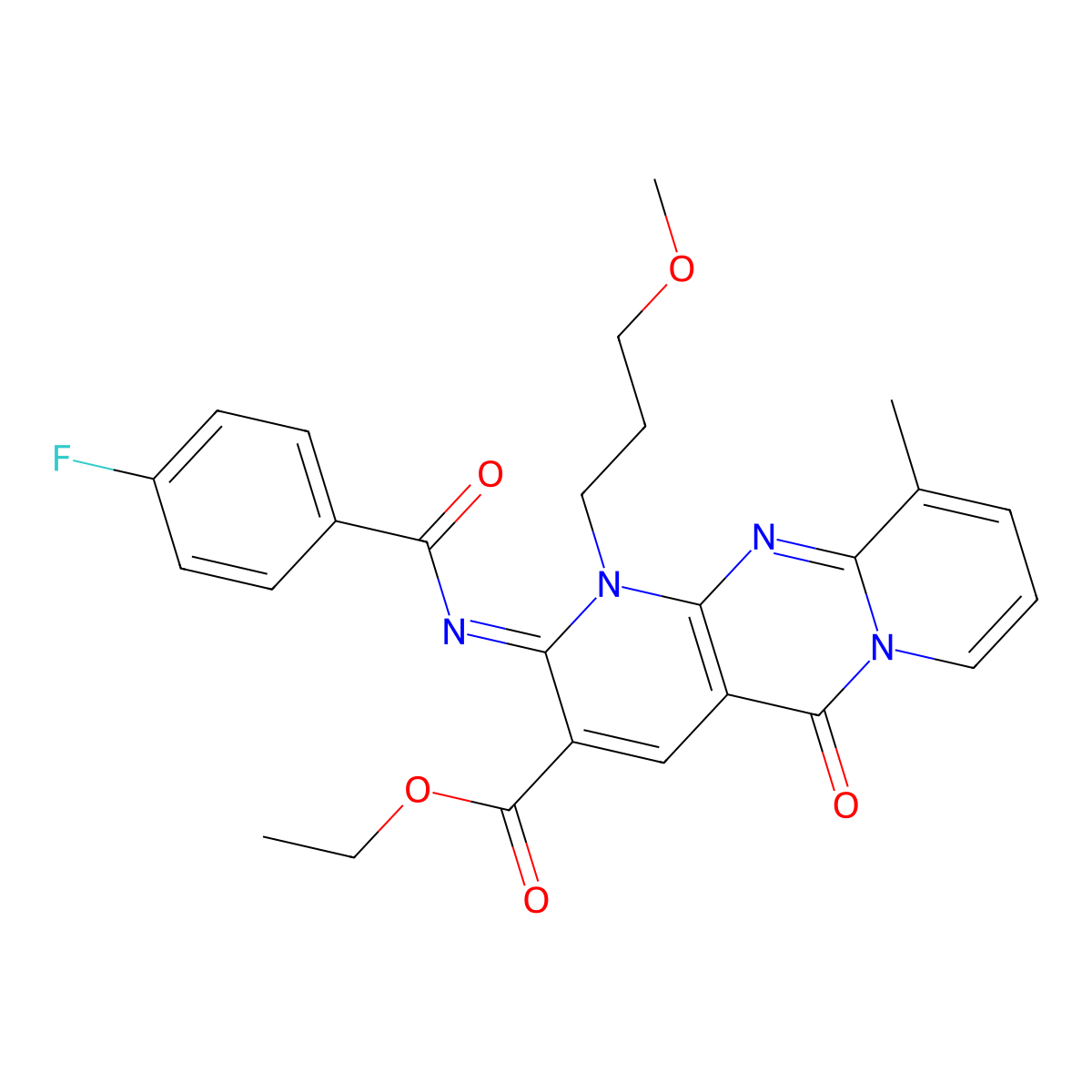 ethyl 2-[(4-fluorobenzoyl)imino]-1-(3-methoxypropyl)-10-methyl-5-oxo-1,5-dihydro-2H-dipyrido[1,2-a:2,3-d]pyrimidine-3-carboxylate molecular structure, CAS 848671-72-7