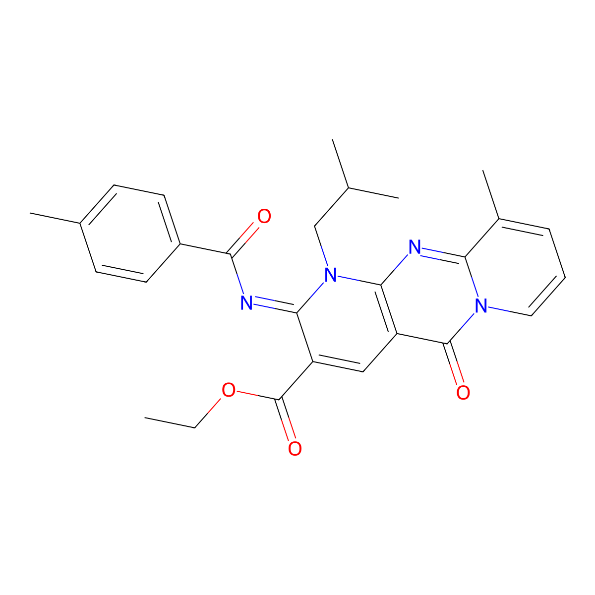 ethyl 1-isobutyl-10-methyl-2-[(4-methylbenzoyl)imino]-5-oxo-1,5-dihydro-2H-dipyrido[1,2-a:2,3-d]pyrimidine-3-carboxylate molecular structure, CAS 848673-18-7