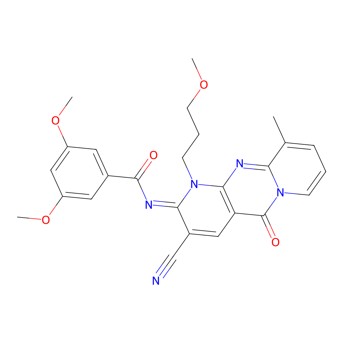 N-[3-cyano-1-(3-methoxypropyl)-10-methyl-5-oxo-1,5-dihydro-2H-dipyrido[1,2-a:2,3-d]pyrimidin-2-ylidene]-3,5-dimethoxybenzamide molecular structure, CAS 848673-21-2