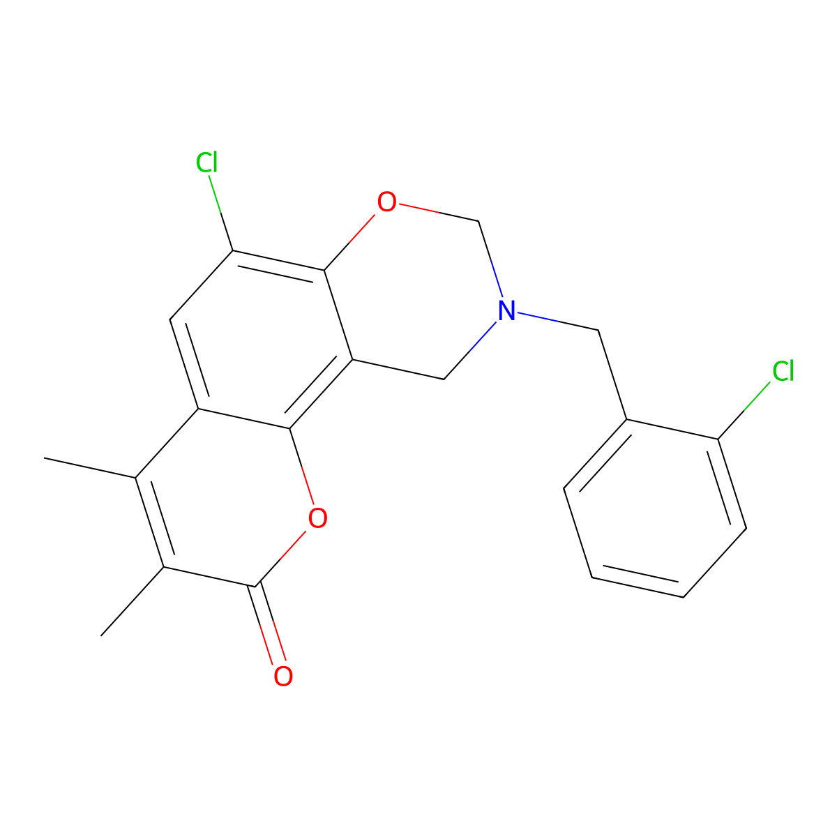 6-chloro-9-(2-chlorobenzyl)-3,4-dimethyl-9,10-dihydro-2H,8H-chromeno[8,7-e][1,3]oxazin-2-one molecular structure, CAS 848673-46-1