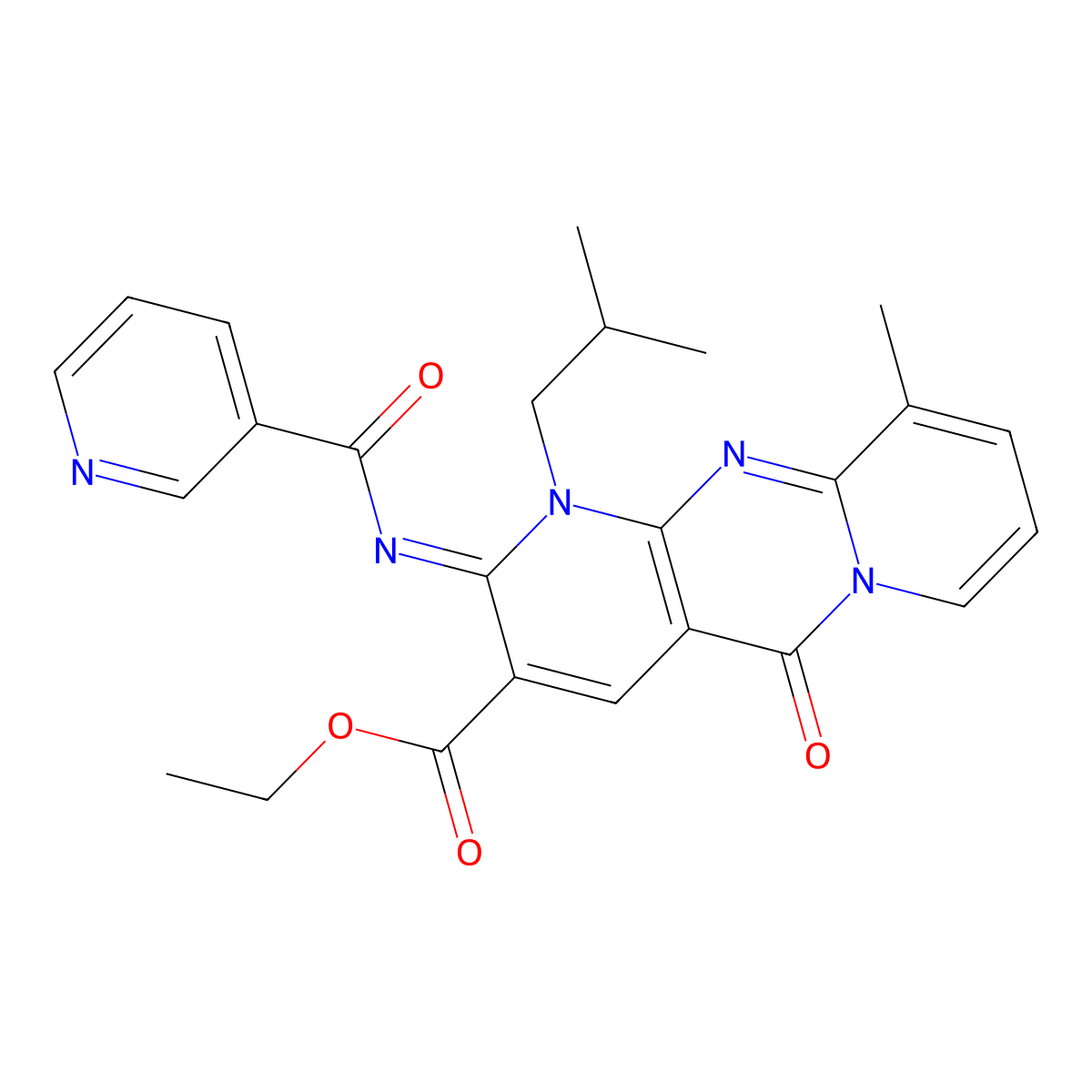ethyl 1-isobutyl-10-methyl-5-oxo-2-[(3-pyridinylcarbonyl)imino]-1,5-dihydro-2H-dipyrido[1,2-a:2,3-d]pyrimidine-3-carboxylate molecular structure, CAS 848673-47-2