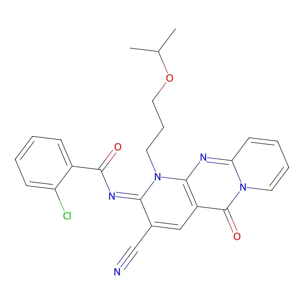 (E)-2-chloro-N-(3-cyano-1-(3-isopropoxypropyl)-5-oxo-1H-dipyrido[1,2-a:2',3'-d]pyrimidin-2(5H)-ylidene)benzamide molecular structure, CAS 848673-63-2