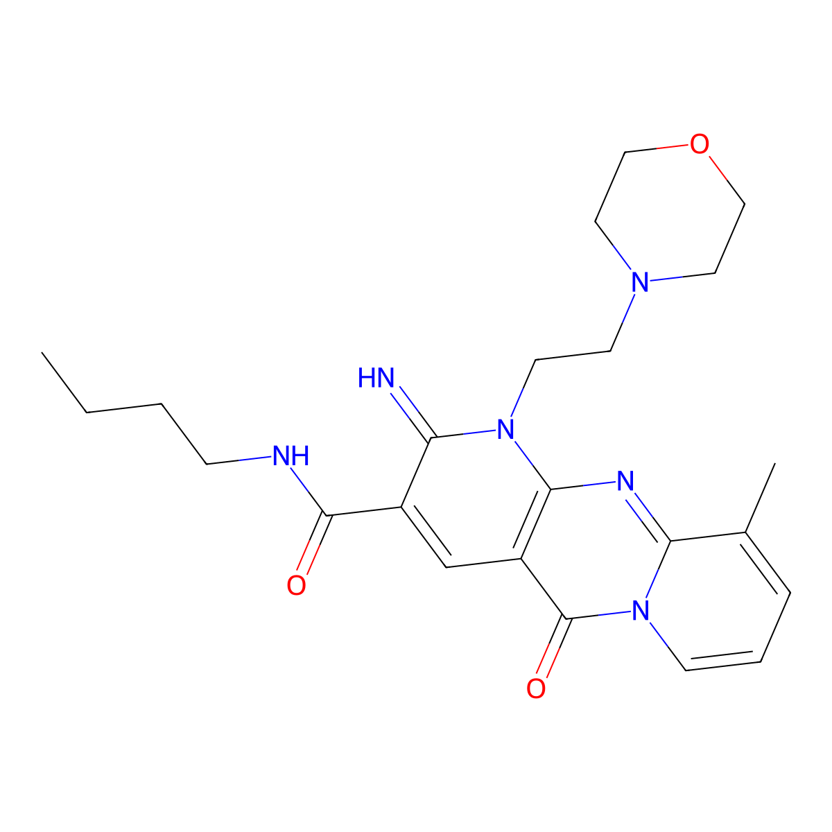 N-butyl-6-imino-11-methyl-7-[2-(morpholin-4-yl)ethyl]-2-oxo-1,7,9-triazatricyclo[8.4.0.0^{3,8}]tetradeca-3(8),4,9,11,13-pentaene-5-carboxamide molecular structure, CAS 848674-03-3