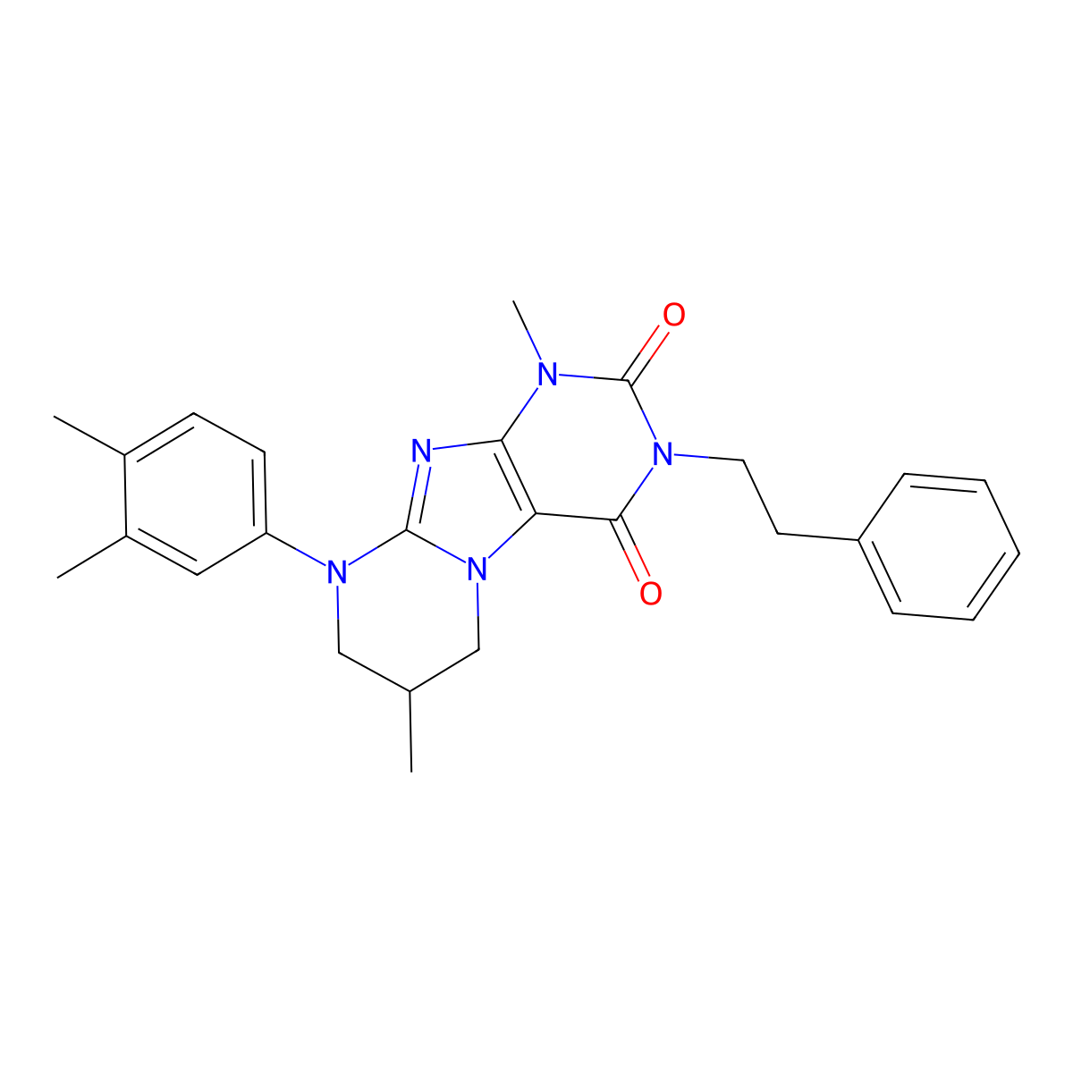 9-(3,4-dimethylphenyl)-1,7-dimethyl-3-(2-phenylethyl)-1H,2H,3H,4H,6H,7H,8H,9H-pyrimido[1,2-g]purine-2,4-dione molecular structure, CAS 848674-64-6