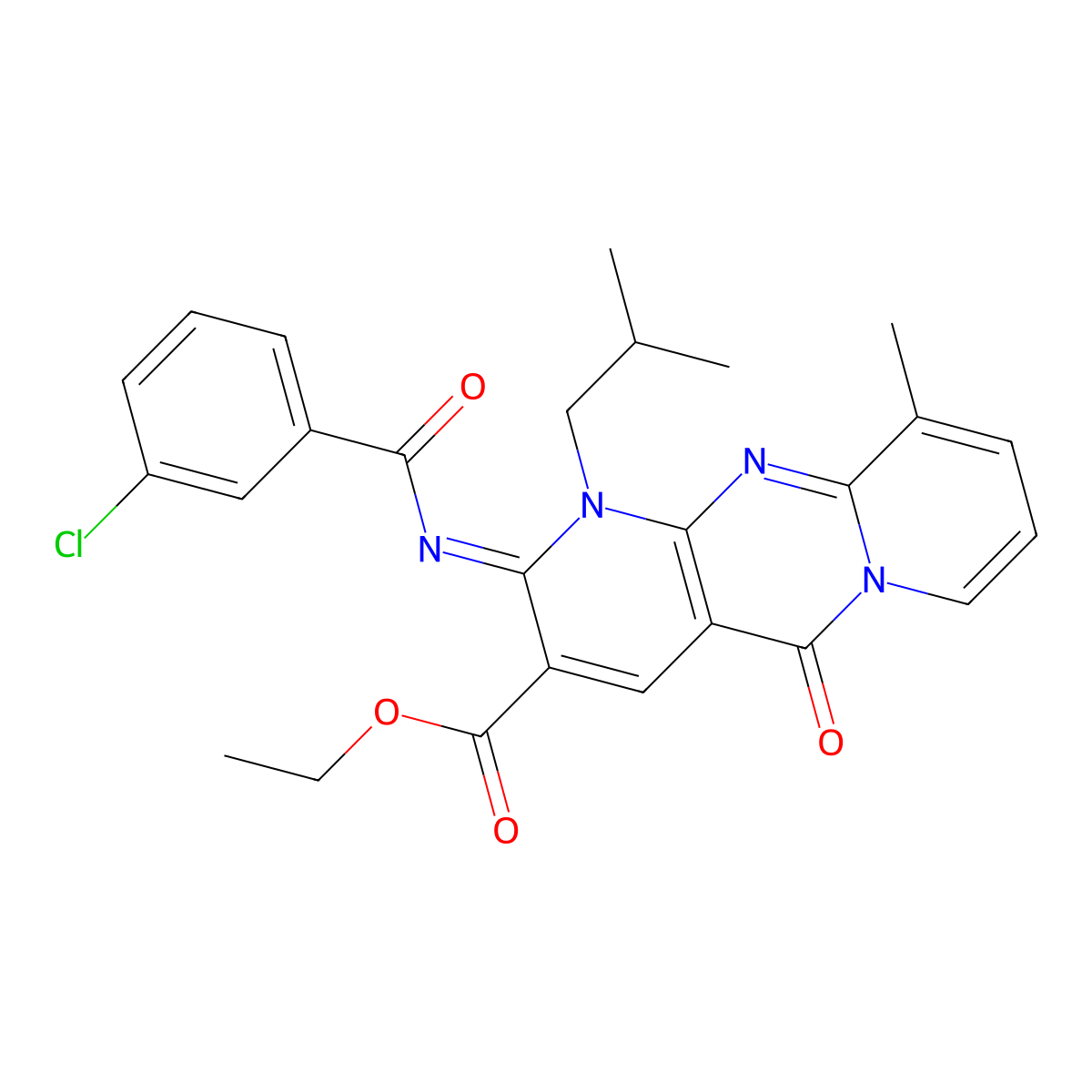 (Z)-ethyl 2-((3-chlorobenzoyl)imino)-1-isobutyl-10-methyl-5-oxo-2,5-dihydro-1H-dipyrido[1,2-a:2',3'-d]pyrimidine-3-carboxylate molecular structure, CAS 848680-93-3