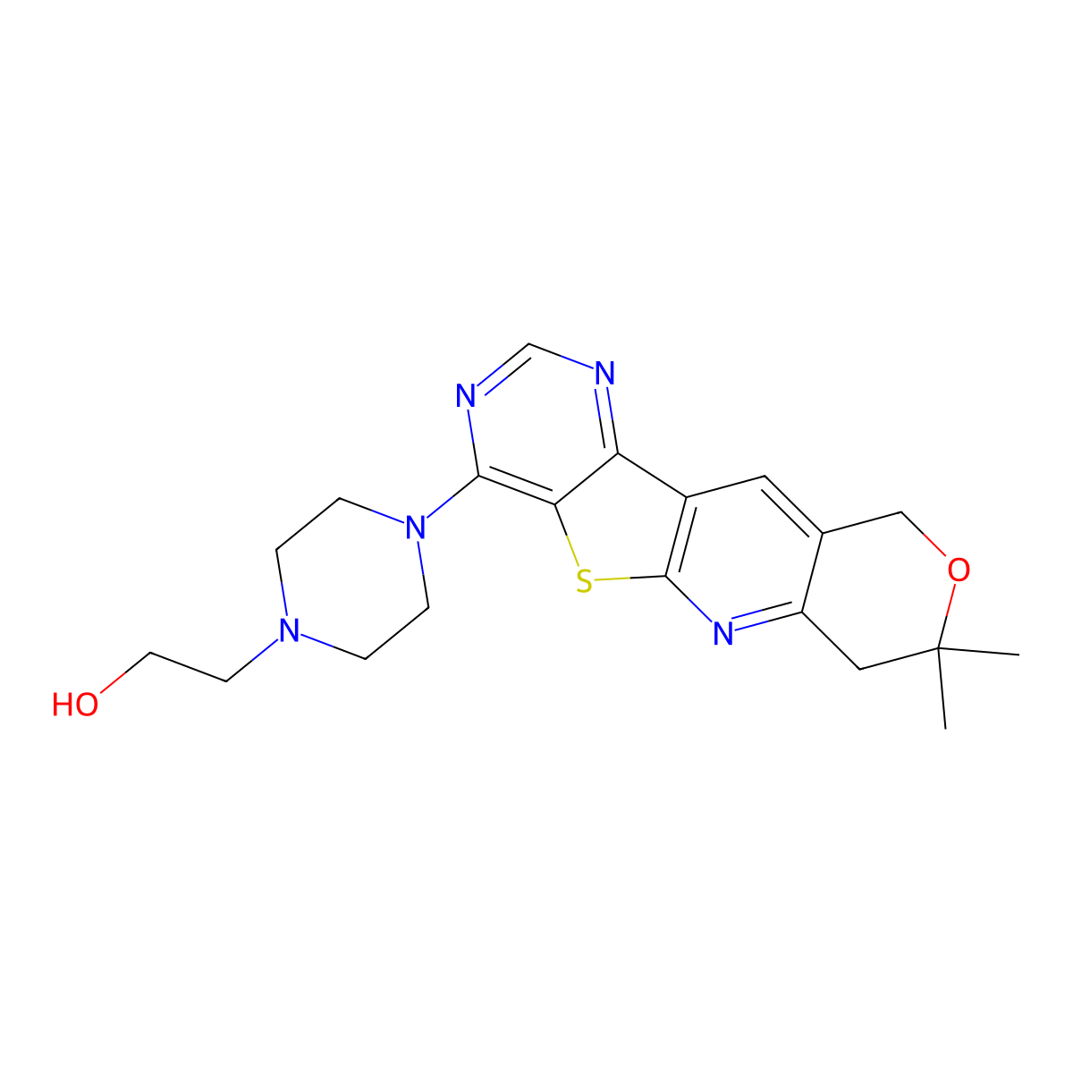 2-(4-(8,8-dimethyl-8,10-dihydro-7H-pyrano[3'',4'':5',6']pyrido[3',2':4,5]thieno[3,2-d]pyrimidin-4-yl)piperazin-1-yl)ethanol molecular structure, CAS 848682-33-7
