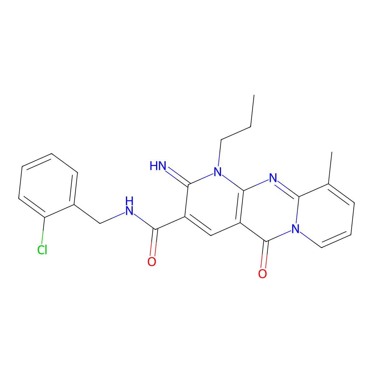 N-[(2-Chlorophenyl)methyl]-6-imino-11-methyl-2-oxo-7-propyl-1,7,9-triazatricyclo[8.4.0.03,8]tetradeca-3(8),4,9,11,13-pentaene-5-carboxamide molecular structure, CAS 848682-81-5