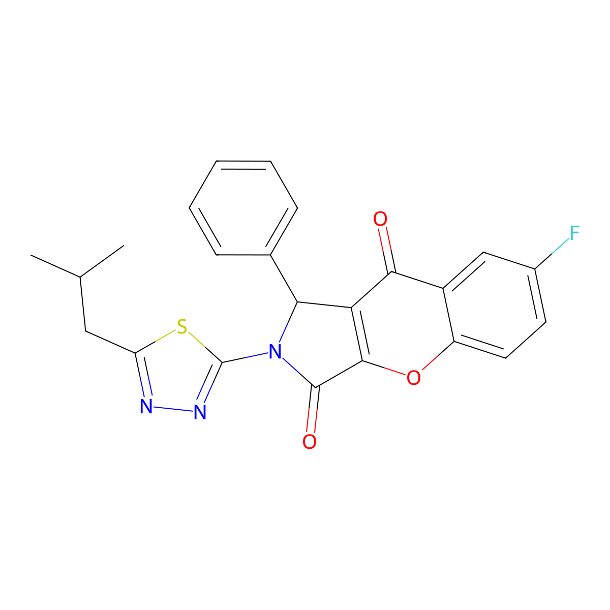 7-Fluoro-2-(5-isobutyl-1,3,4-thiadiazol-2-yl)-1-phenyl-1,2-dihydrochromeno[2,3-c]pyrrole-3,9-dione molecular structure, CAS 848683-08-9