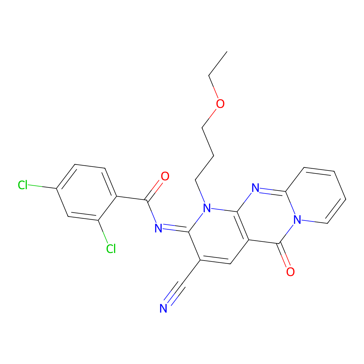 (E)-2,4-dichloro-N-(3-cyano-1-(3-ethoxypropyl)-5-oxo-1H-dipyrido[1,2-a:2',3'-d]pyrimidin-2(5H)-ylidene)benzamide molecular structure, CAS 848683-13-6