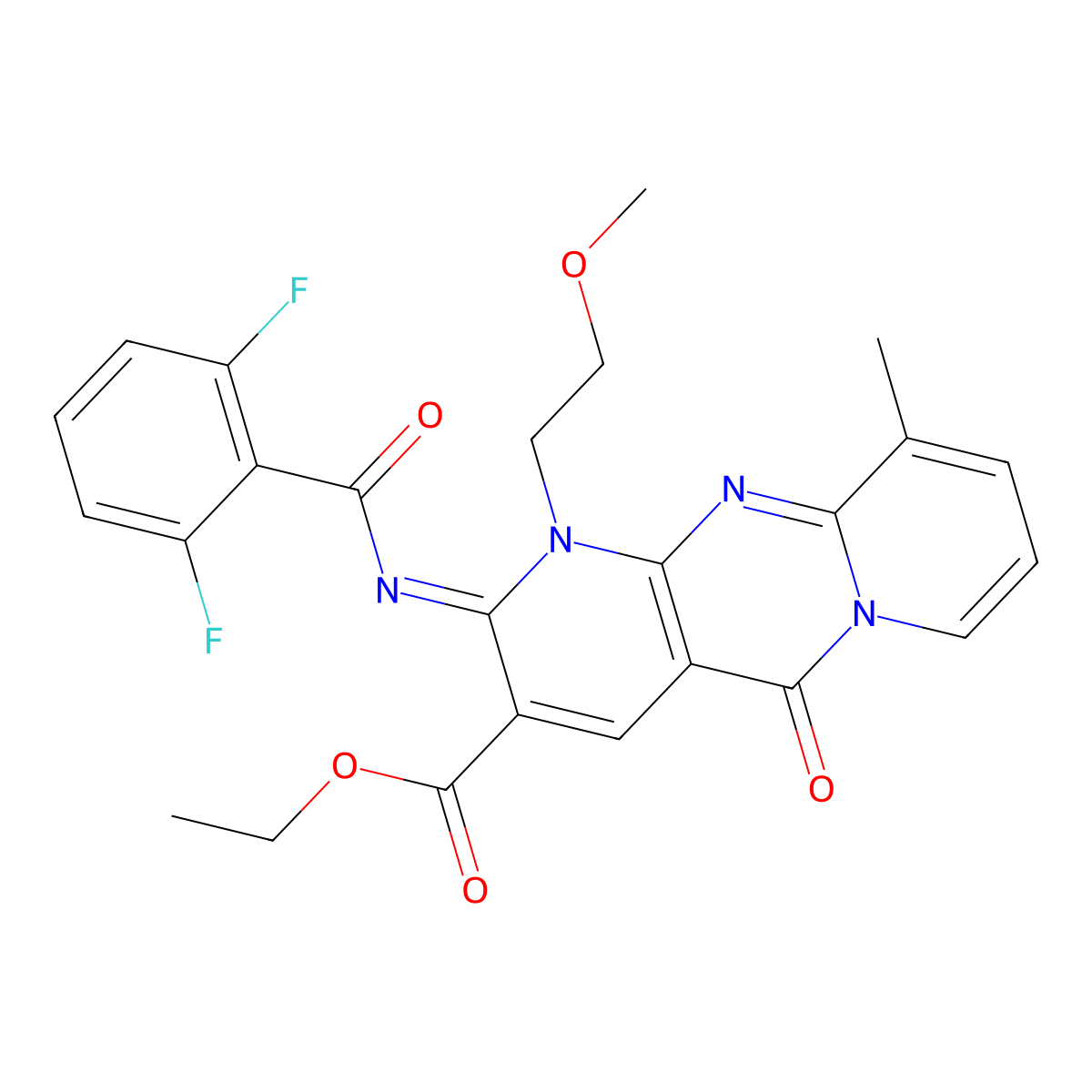 ethyl 2-[(2,6-difluorobenzoyl)imino]-1-(2-methoxyethyl)-10-methyl-5-oxo-1,5-dihydro-2H-dipyrido[1,2-a:2,3-d]pyrimidine-3-carboxylate molecular structure, CAS 848683-32-9