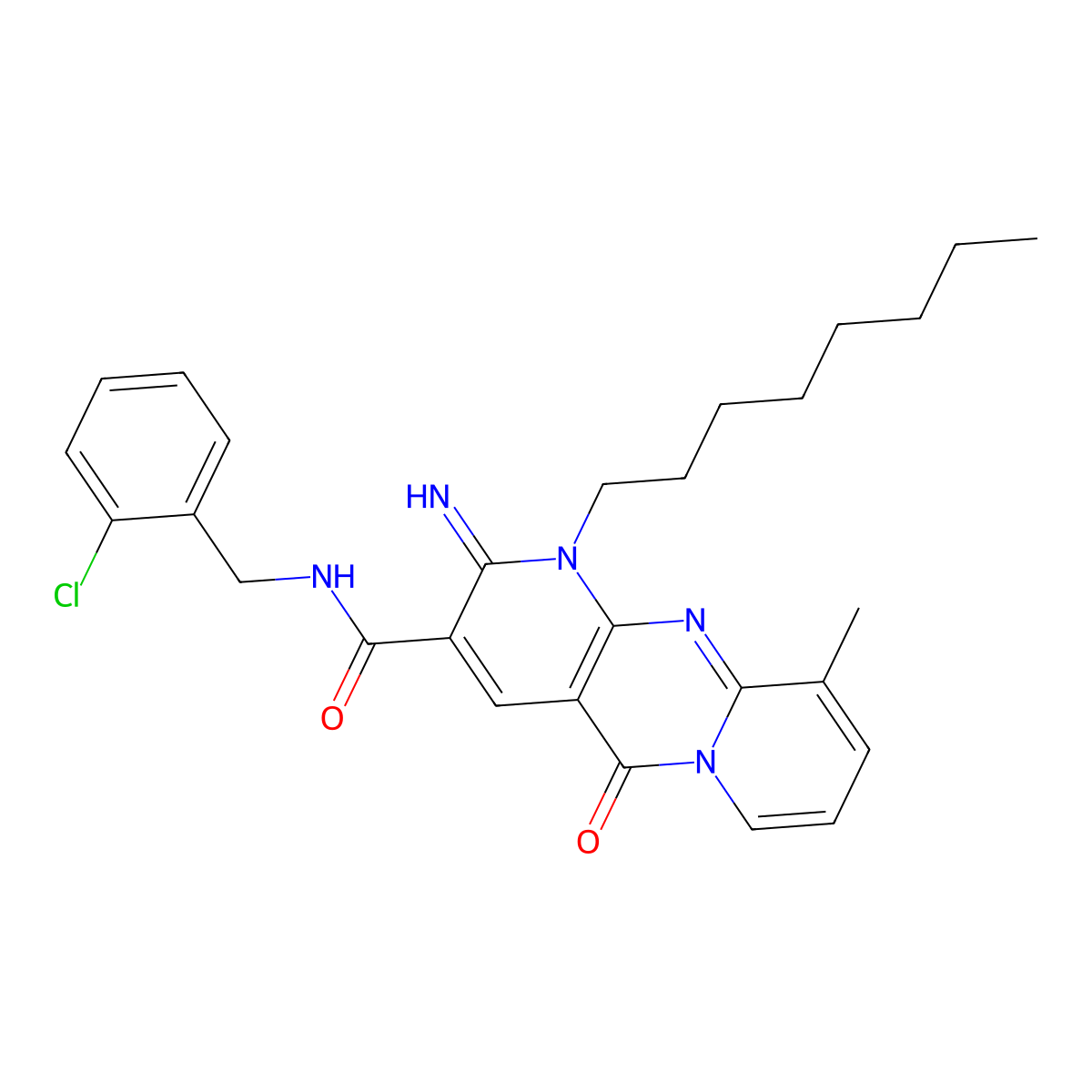 N-(2-chlorobenzyl)-2-imino-10-methyl-1-octyl-5-oxo-1,5-dihydro-2H-dipyrido[1,2-a:2',3'-d]pyrimidine-3-carboxamide molecular structure, CAS 848683-42-1