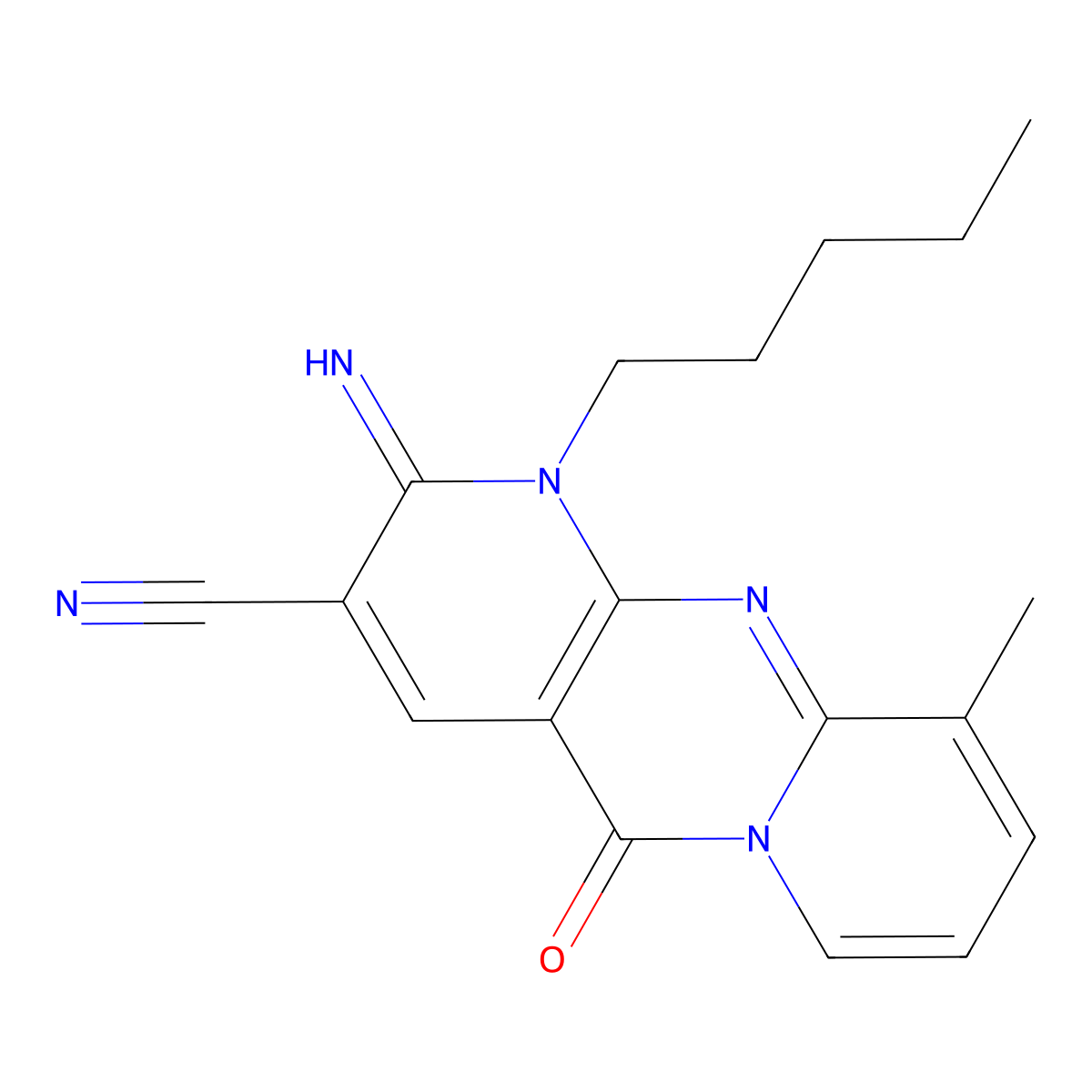 2-imino-10-methyl-5-oxo-1-pentyl-1,5-dihydro-2H-dipyrido[1,2-a:2,3-d]pyrimidine-3-carbonitrile molecular structure, CAS 848683-53-4