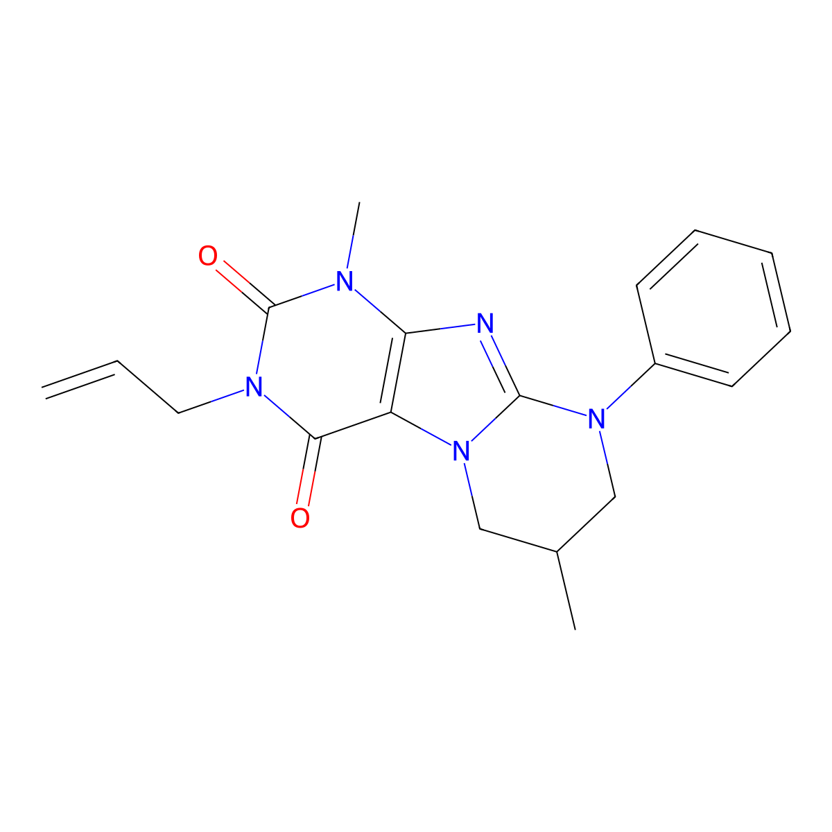 3-allyl-1,7-dimethyl-9-phenyl-6,7,8,9-tetrahydropyrimido[2,1-f]purine-2,4(1H,3H)-dione molecular structure, CAS 848684-36-6