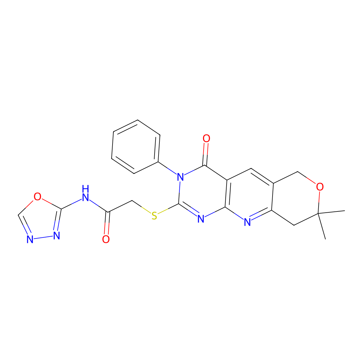 2-[(13,13-dimethyl-7-oxo-6-phenyl-12-oxa-2,4,6-triazatricyclo[8.4.0.03,8]tetradeca-1,3(8),4,9-tetraen-5-yl)sulfanyl]-N-(1,3,4-oxadiazol-2-yl)acetamide molecular structure, CAS 848684-42-4