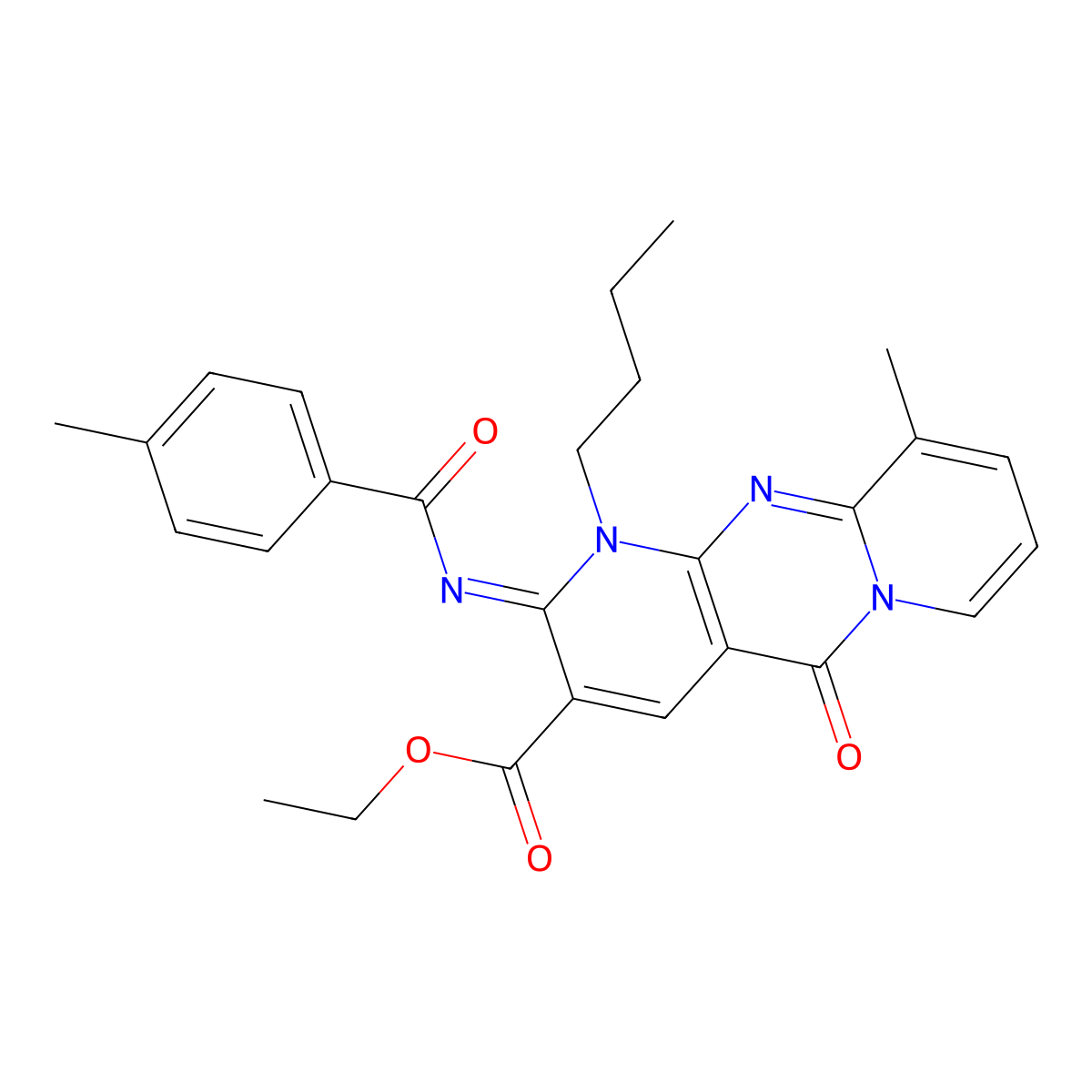 ethyl 1-butyl-10-methyl-2-[(4-methylbenzoyl)imino]-5-oxo-1,5-dihydro-2H-dipyrido[1,2-a:2,3-d]pyrimidine-3-carboxylate molecular structure, CAS 848684-50-4