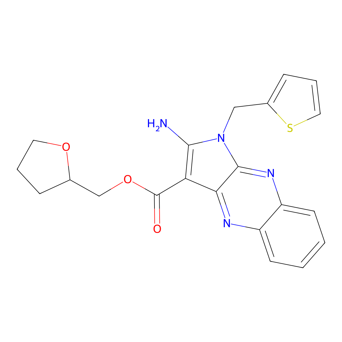 (tetrahydrofuran-2-yl)methyl 2-amino-1-(thiophen-2-ylmethyl)-1H-pyrrolo[2,3-b]quinoxaline-3-carboxylate molecular structure, CAS 848685-22-3