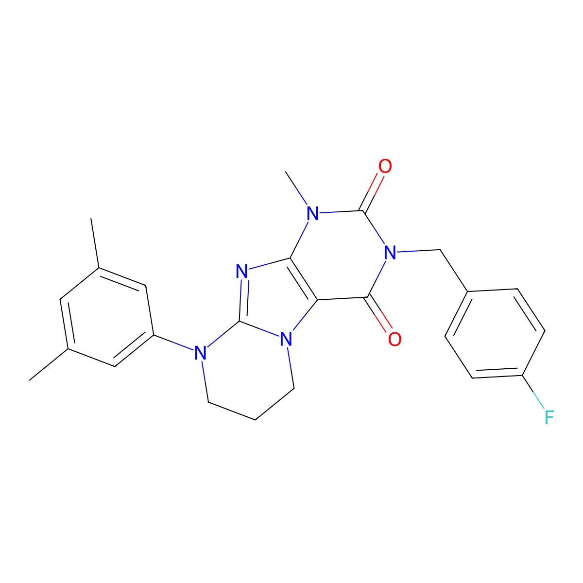 9-(3,5-dimethylphenyl)-3-(4-fluorobenzyl)-1-methyl-6,7,8,9-tetrahydropyrimido[2,1-f]purine-2,4(1H,3H)-dione molecular structure, CAS 848686-06-6