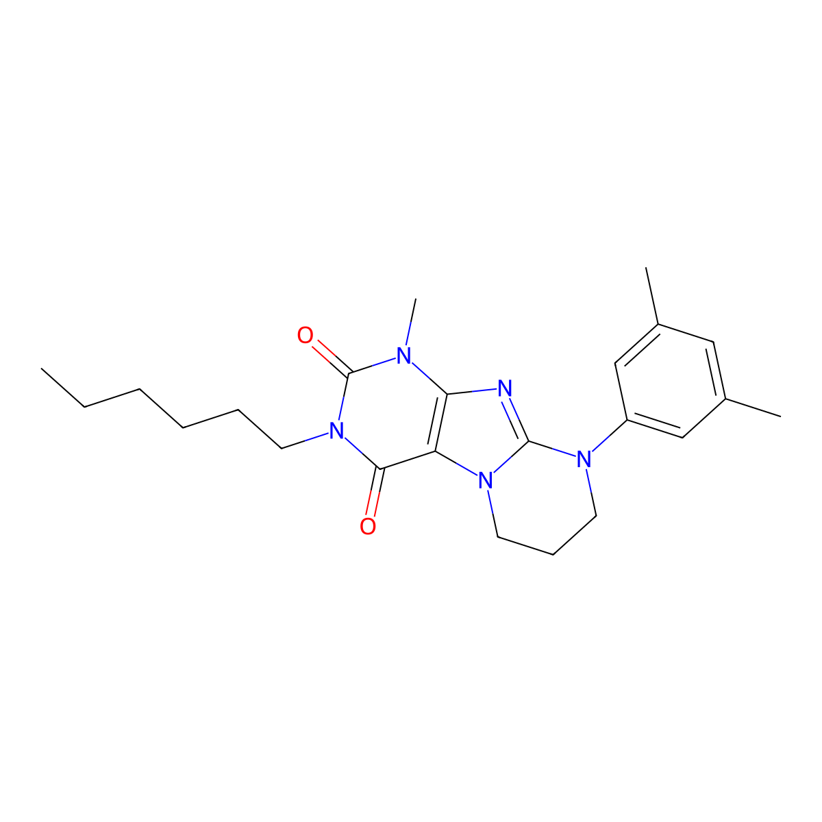 9-(3,5-dimethylphenyl)-3-hexyl-1-methyl-7,8-dihydro-6H-purino[7,8-a]pyrimidine-2,4-dione molecular structure, CAS 848686-55-5